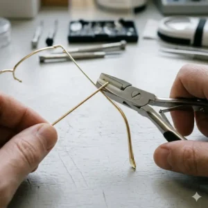 A detailed illustration showing how to use eyeglass pliers to perform precise temple bending adjustments for a better fit.