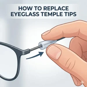 A step-by-step illustration demonstrating how to easily replace eyeglass temple tips at home.
