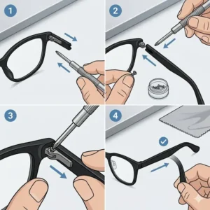 Step-by-step diagram detailing the process of installing replacement temple arms for glasses.