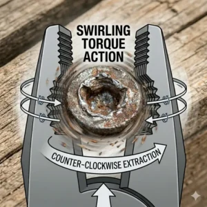 Step-by-step graphic of screw removal pliers extracting a Phillips head screw with a rounded-out center.