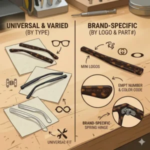 A comparison between brand-specific and universal replacement temples for glasses on a wooden table.