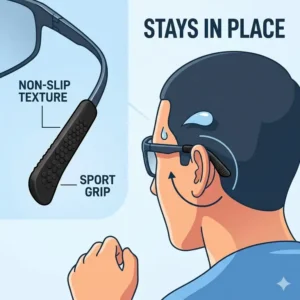 Textured eyeglass temple tips designed with a sport grip to prevent glasses from slipping during exercise.