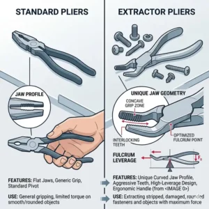 Illustration 4: Comparison chart showing the differences between standard pliers and specialized extractor pliers.