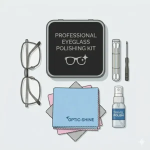 A travel-sized eyeglass polishing kit featuring portable tools for eyewear maintenance.