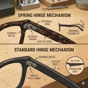 Detailed close-up of different hinge types compatible with replacement temples for glasses including spring and standard hinges.