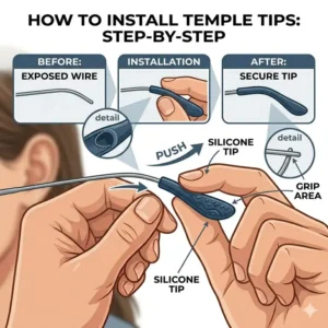 Step-by-step visual instructions on how to properly install replacement spectacle temple tips.