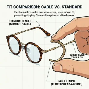 A side-view illustration for children showing how cable temple glasses hook comfortably and securely behind the ear.