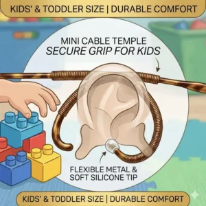 Durable and comfortable kids' size cable temple eyeglasses designed to prevent slipping during play.