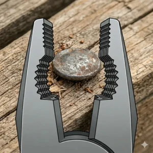 Illustration of slim-nose screw removal pliers gripping a low-profile screw head that other tools cannot grab.