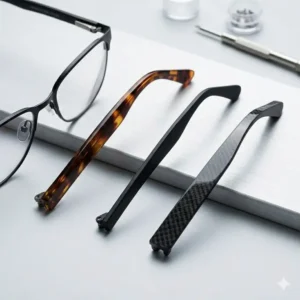 Various material and color options for replacement temple arms for glasses, including metal and acetate.