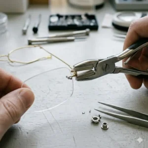 An illustration demonstrating the use of specialized compression eyeglass pliers to secure lenses in a rimless frame.