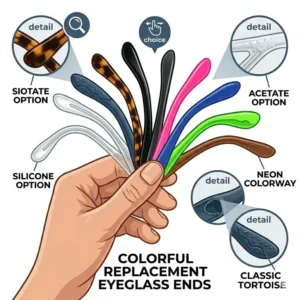 A wide variety of colorful and stylish spectacle temple tips for personalized eyewear repair.