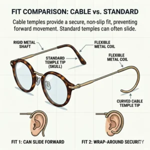 Side-by-side fit comparison between traditional frames and the secure wrap-around cable temple glasses.