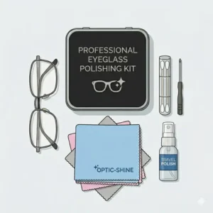 Essential components of an eyeglass polishing kit including a screwdriver and precision brush.