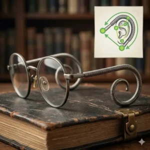 Close-up detail of the flexible coiled metal construction used in cable temple eyeglass frames.