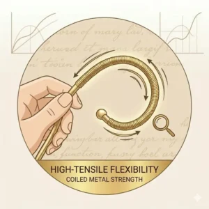 Technical illustration showing the high-tensile flexibility of metal cable temple eyeglasses.