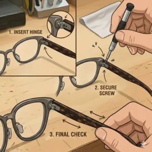 Step-by-step guide showing the process of attaching replacement temples for glasses using a precision screwdriver.