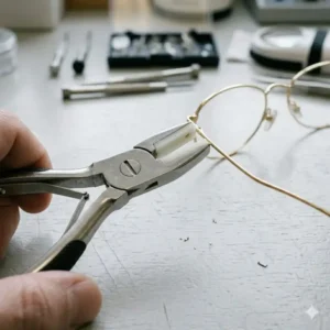 A close-up illustration focusing on eyeglass pliers featuring protective nylon jaws to prevent frame damage.
