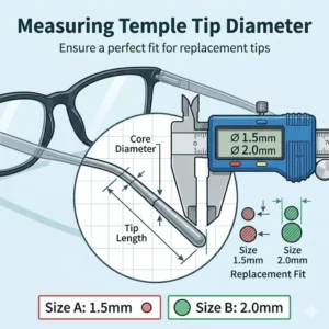 A showcase of various colors and styles available for replacement eyeglass temple tips.