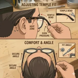 Illustration showing how to adjust the ear curve of replacement temples for glasses for a perfect fit.