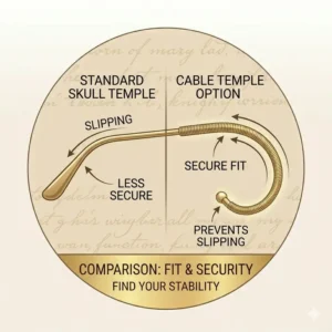 A side-by-side comparison between standard frames and secure-fit cable temple eyeglasses.