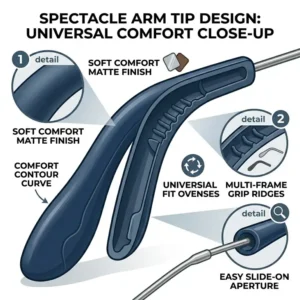 Close-up technical design showing the universal fit and internal structure of spectacle temple tips