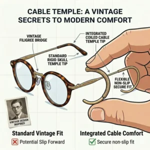 Vintage-inspired illustration of antique style cable temple glasses showing their heritage design and modern comfort.