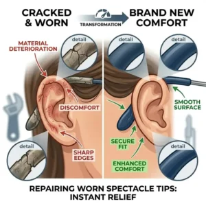 Before and after transformation showing the relief provided by replacing worn spectacle temple tips
