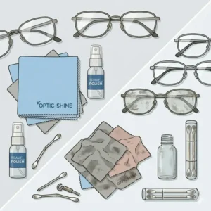 Detailed shot of the cleaning liquid and accessories included in an eyeglass polishing kit.