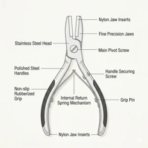 A before-and-after illustration demonstrating the difference in frame alignment achieved using eyeglass pliers.