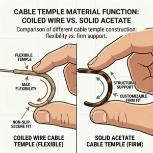 Macro illustration highlighting the difference between coiled wire and solid material in cable temple glasses construction.