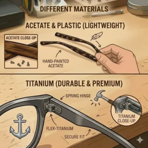 A visual guide comparing acetate and metal materials used in manufacturing replacement temples for glasses.