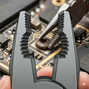Illustration of small precision screw removal pliers removing a tiny stripped screw from a circuit board.