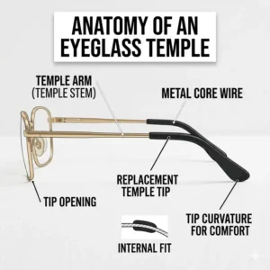 An instructional diagram labeling parts of eyeglasses, highlighting the temple arm and the replacement temple tips section.