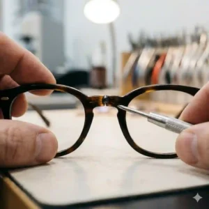 A detailed close-up showing how to fix broken glasses at the bridge.