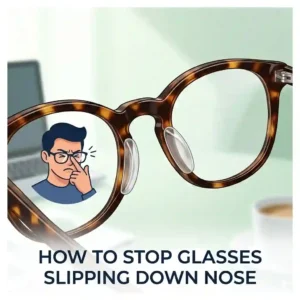A person frustratedly pushing up sliding eyewear before using glasses nose grips.