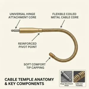 A technical diagram detailing the anatomy and core design elements of replacement cable temples for eyeglasses including the flexible metal coiled section.