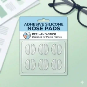A set of transparent adhesive silicone glasses nose grips for plastic frames.