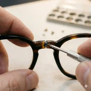 An optician using a precision tool to fix broken glasses hinges.