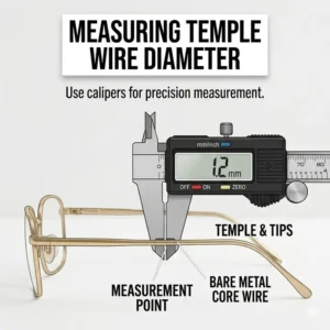 An illustration demonstrating how to measure the metal wire core diameter for correct replacement temple tips sizing.