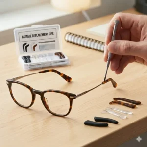 A person using a ruler to measure the frame arm diameter before starting a glasses ear piece replacement.