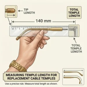 An educational infographic demonstrating how to measure the total length in millimeters to find the correct size of replacement cable temples for eyeglasses.