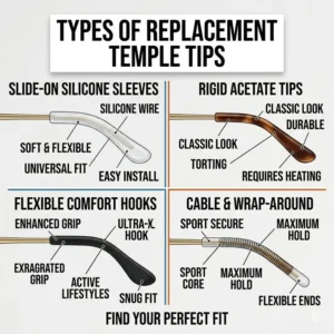 A chart displaying different styles of replacement temple tips including silicone sleeve, rigid acetate, and flexible comfort hook styles.