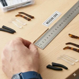 Demonstration of using gentle heat to remove a stubborn old tip during a glasses ear piece replacement process.