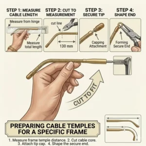 A step-by-step instructional guide showing how to prepare, cut to length, and shape the end wire when preparing replacement cable temples for eyeglasses.