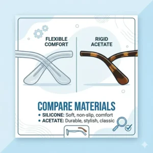 Comparing different materials when buying replacement temple tips for eyeglasses for better comfort.