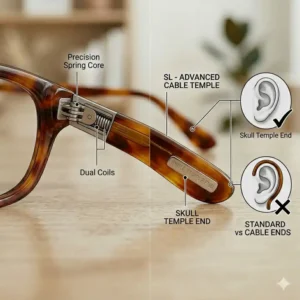 Close-up technical illustration of a flexible spring hinge mechanism on modern temple arms for glasses.