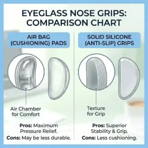 Infographic showing various types of glasses nose grips including air-bag and solid styles.