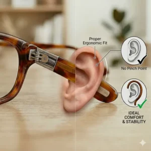An ergonomic guide showing how temple arms for glasses should correctly sit behind the ear for maximum comfort.