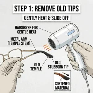An illustration showing a hairdryer heating an eyeglass arm to safely slide off old rubber parts before installing replacement temple tips.